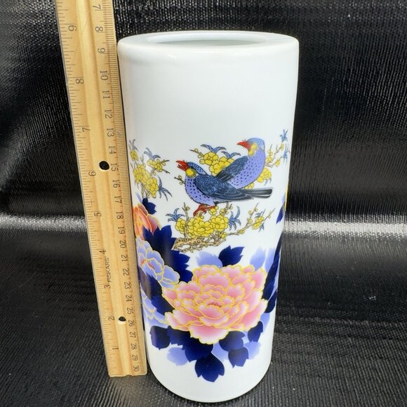 Vintage Oriental Chinese Calligraphy Ceramic Vase Vessel Raised Paint Birds VTG - Picture 3 of 16